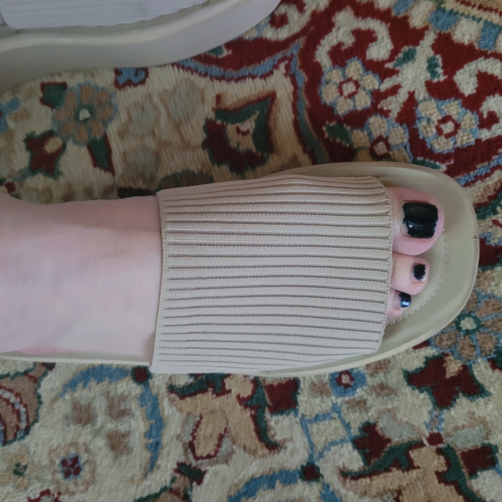 Tan Slide Sandals with Ribbed Strap - Picture 5 of 9